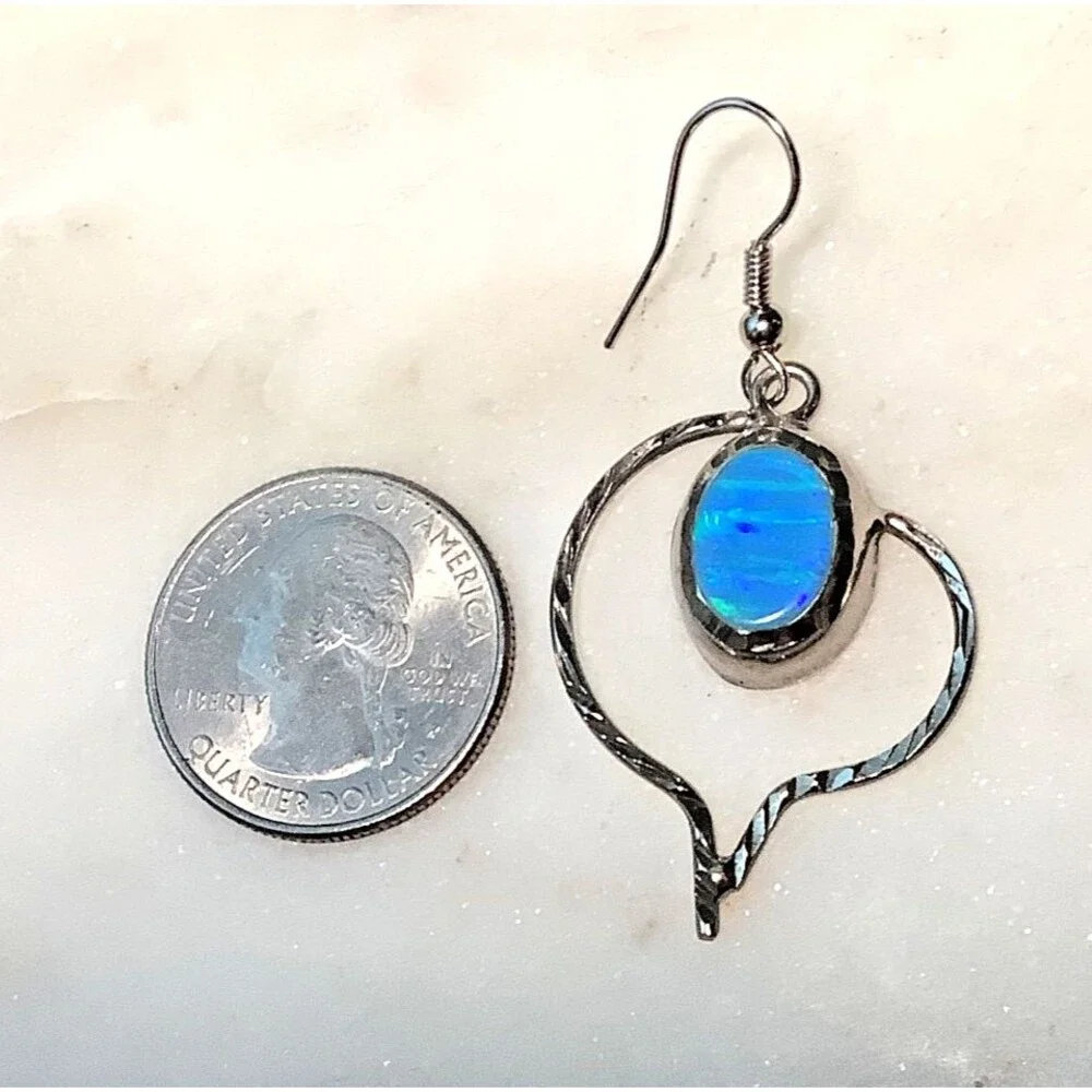 Vintage Earrings Mexico Sterling Silver Lab Blue Fire Opal 925 Dangle MCM Signed